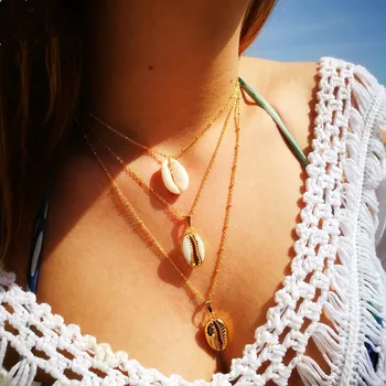 

Bohemian Multilayer Shell Pendant Necklace Natural Shell Gold Long Chain Necklace For Women Cowry Seashell Necklace Boho Jewelry