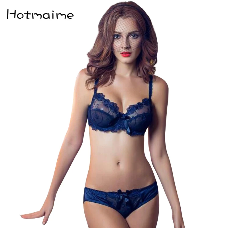 

Fashion lingerie set ultra-thin lace bra sexy transparent gauze women's underwear bra set large size cup C D bra brief set