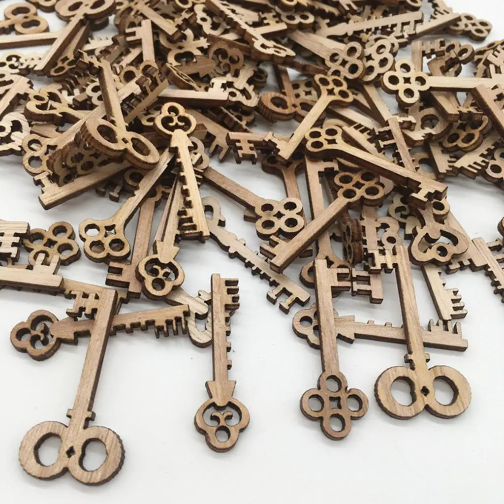 50pcs Key Shaped Unfinished Wood Pieces Crafts Wooden Hanging Embellishments