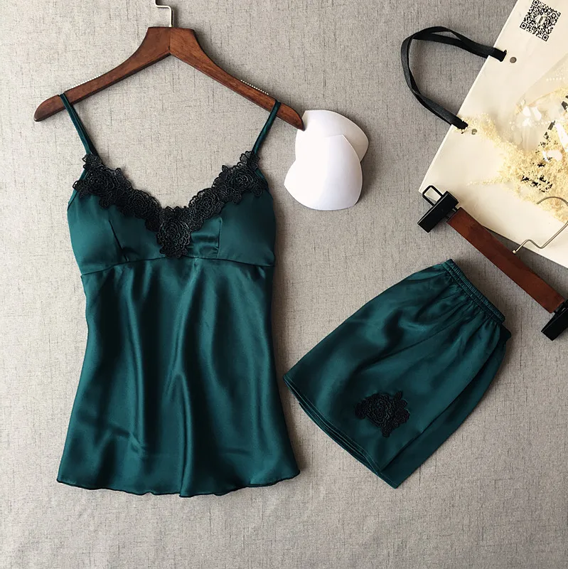 

Lisacmvpnel Lace Sexy Spaghetti Strap Women Pajama Sets V-Neck With Pad Women Pijama