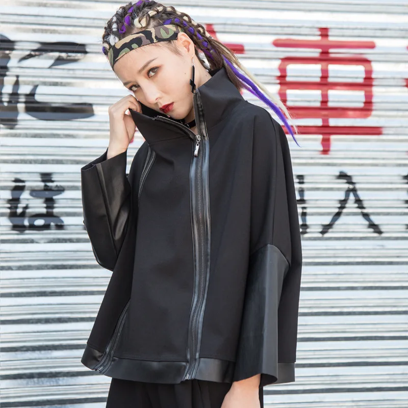  Batwing Sweatershirt Front Zipper 2019 New Women Handsome Coat PU leather Patchwork Plus Size Jumpe