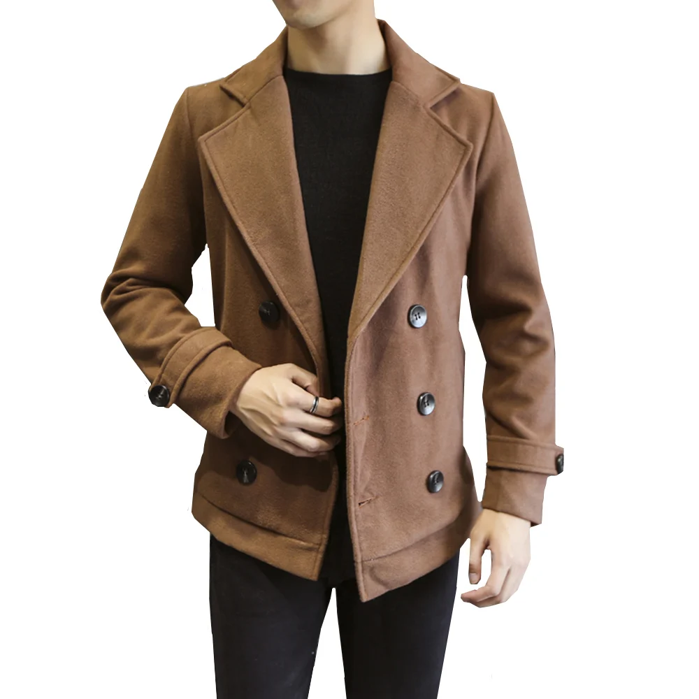 Осенние стильные однотонные куртки высокого качества, мужской костюм с воротником, двубортное тонкое молодежное шерстяное пальто, повседневные Простые мужские куртки