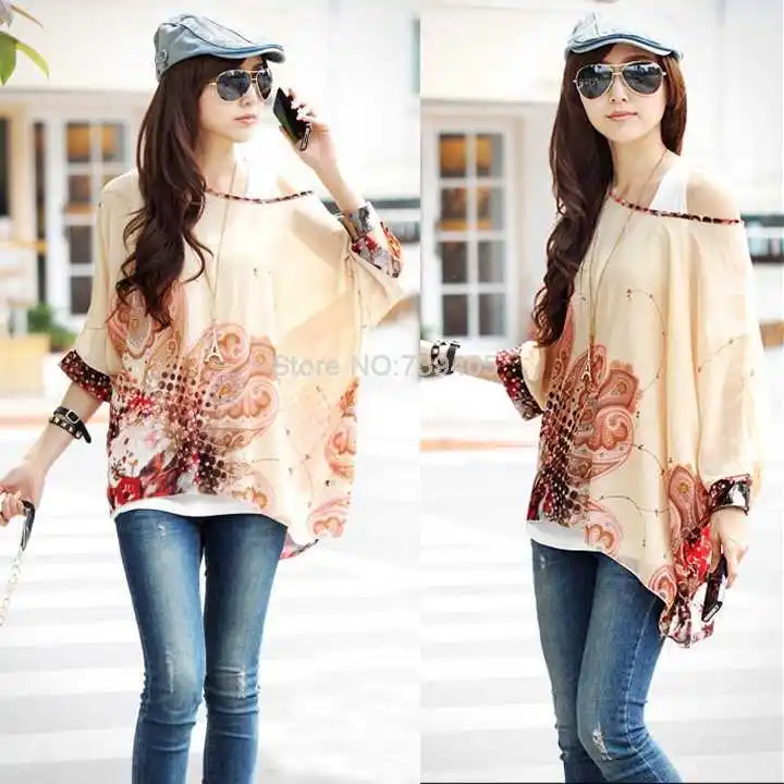 New 2014 Summer Women Bohemian Shirts Blouses Three Quarter Batwing Sleeve Chiffon Tops Large Size Loose Clothing L XL | Женская одежда