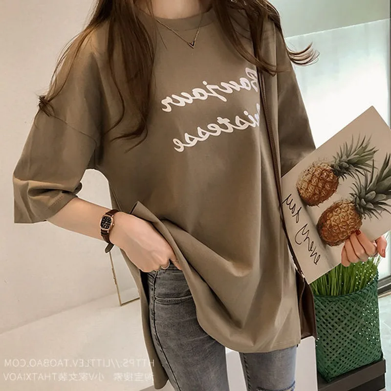 

Casual Cotton Letter Print Long Tshirt Round Neck Half Sleeve Womens Tops Summer Fashion Harajuku Loose Side Split T-shirt