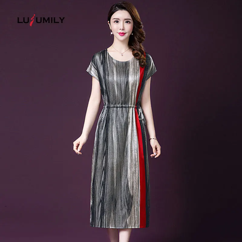 

Lusumily 2019 Loose Casual Striped Silk Dress Women Long Summer Elegant Short Sleeve Dresses Female vestidos mujer plus size 5XL