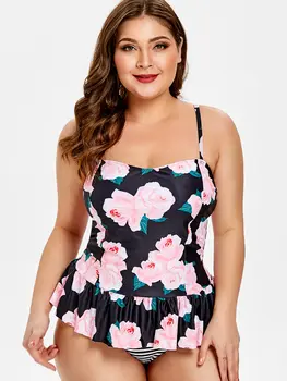 

Wipalo Plus Size Floral Striped Tankini Swim Set Summer Two Piece Bathing Suit Spaghetti Straps Striped Women Set Beach Swimwear