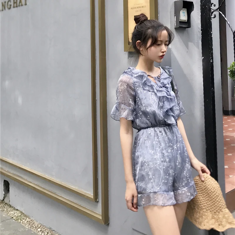 BGTEEVER Vintage Elastic V-neck Ruffles Floral Print Summer Playsuit Elegant Chiffon Women Rompers feminino 2018 | Женская одежда