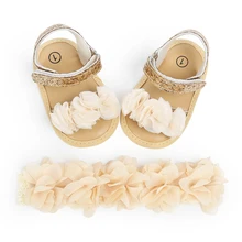 Милые сандалии принцессы с цветочным рисунком для новорожденных девочек; летняя повседневная мягкая обувь для кроватки+ повязка на голову; 2 предмета; пляжные сандалии