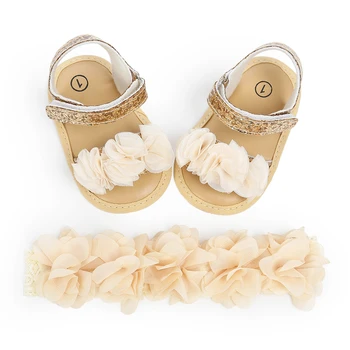 

Princess Cute Newborn Baby Girls Flower Sandals Summer Casual Soft Crib Shoes+Headbands 2pcs First Prewalker Beach Sandals