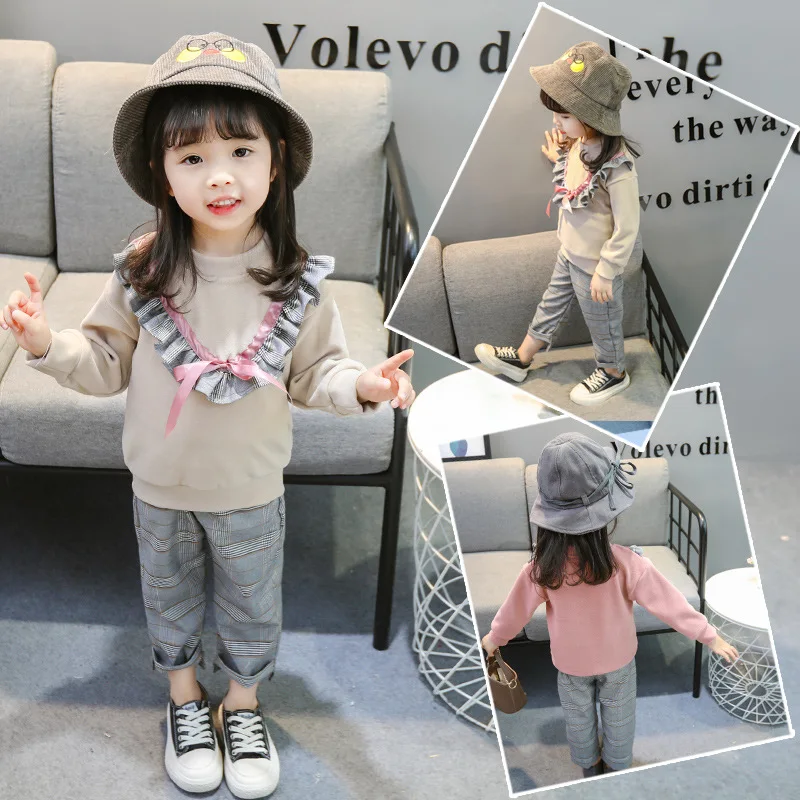 

Official Store Girls Spring Autumn Grid Han Edition Two-piece Baby Leisure Fashion Suits Tide Restoring Ancient Ways