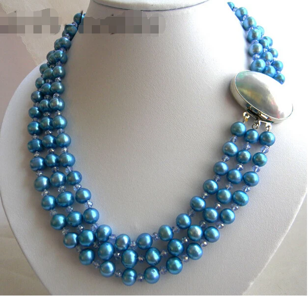 

Free shipping >>>>>3Strands 18'' 9mm Blue Round Freshwater Pearl Faceted Crystal Necklace