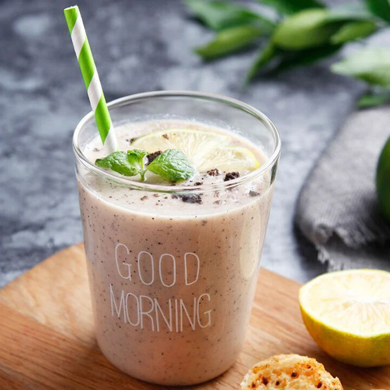Glass Cups 400ml Brief Style Good Morning Glass Breakfast Cups Glassware Lovely Cups & Mugs for Milk Smoothie Drinkware (12)