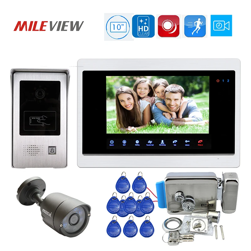 

Free Shipping 1200TVL 10" Video Door Phone Intercom Record Screen Kit RFID Doorbell Camera 3.0MP Security Camera Electric Lock