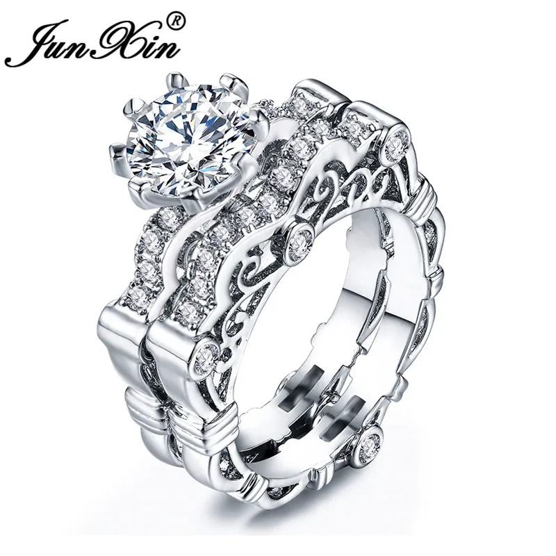JUNXIN Boho Female Crystal Ring Set 925 Sterling Silver Filled Round White Zircon Engagement Couple Rings For Women Jewelry CZ