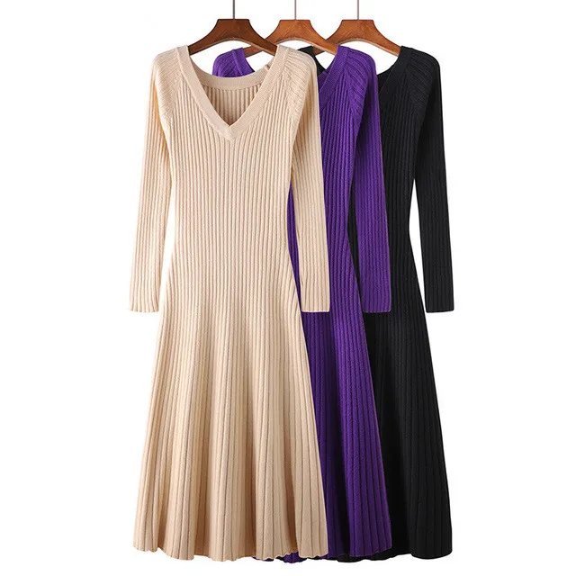 

Chic Pleated Women Sweater Dress Fall Winter Long Slim Dresses Casual Solid Pull Femme Elastic Ribbed Skinny Knitted Dress D240