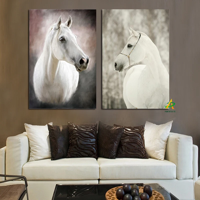 YWDECOR 2 Panel Europe Contracted Style White Horse Canvas Painting