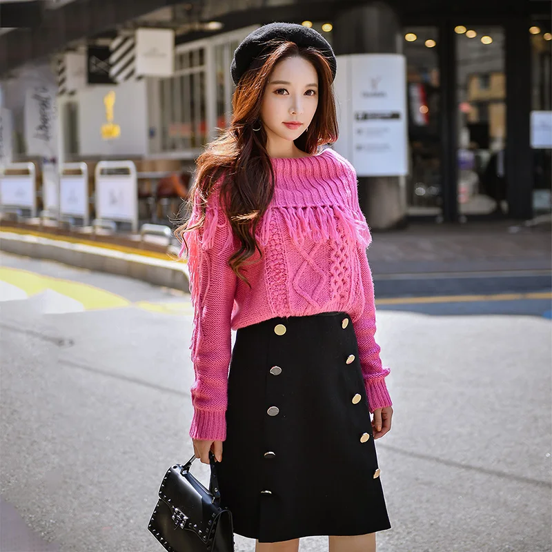 Dabuwawa Rose Pink boat neck Tassels Sweet Sweater Winter 2018 New Women Fashion Lapel Loose Short Thick Sweater Top