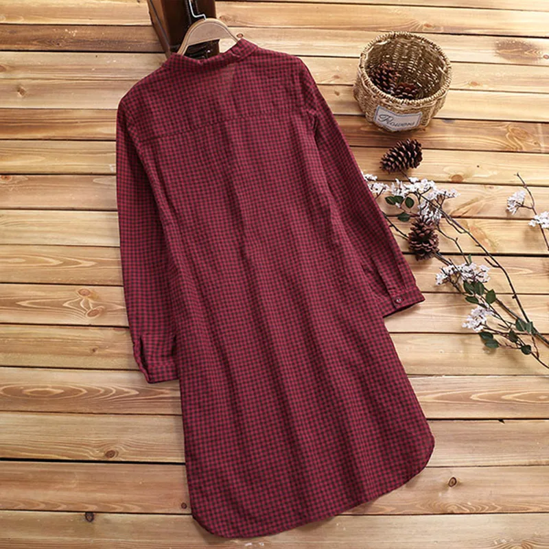 المرأة تحقق منقوشة بلوزة 2019 الخريف الكتان طويلة أعلى الإناث عارضة طويلة الأكمام Blusa أنيقة السيدات التلبيب زر أسفل قميص 5XL