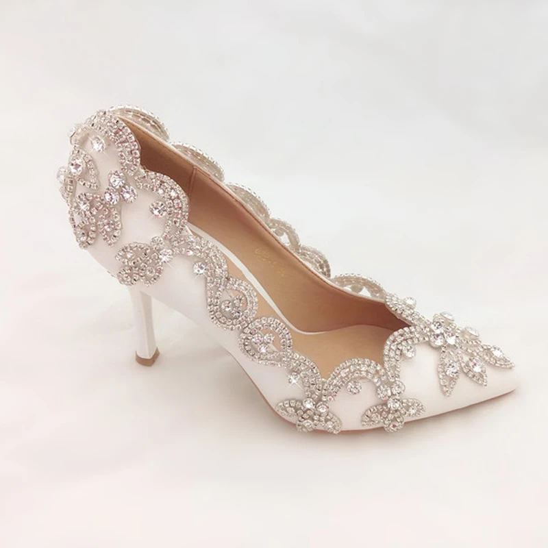 

New Style Pointy Toe White Bridal Shoes with Rhinestone Lady High Heel Wedding Shoes Woman Fashion Evening Party Prom Shoes