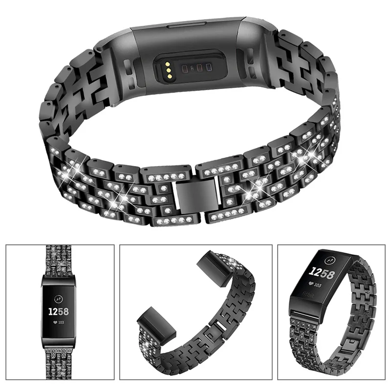 Для женщин браслет побрякушка ремешок для Fitbit Charge 3 группа нержавеющая сталь платье со стразами замена Браслет Мода