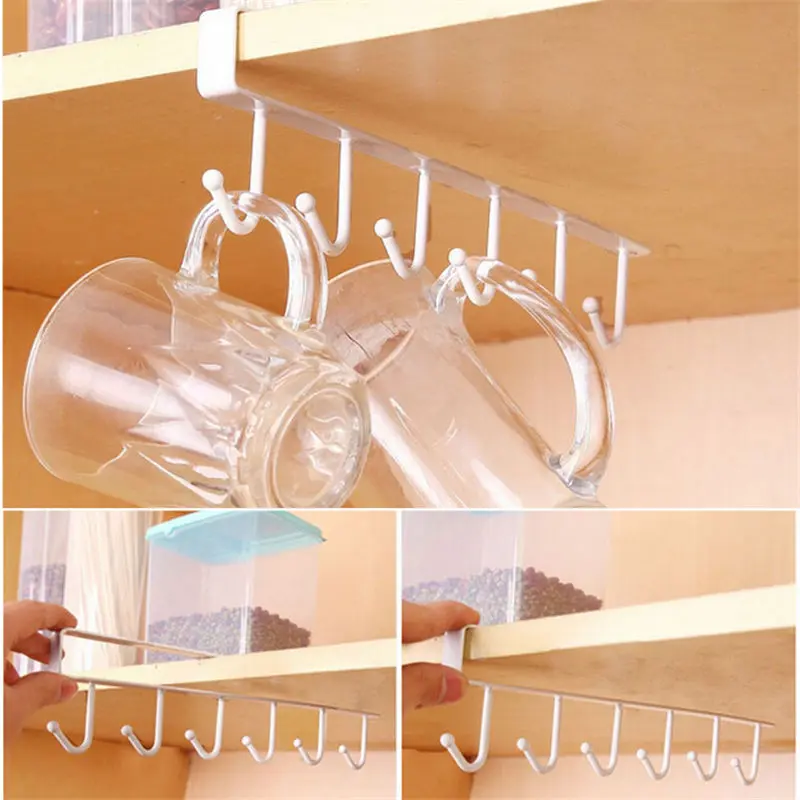 6 крючков подстаканник повесить Кухня шкаф под полкой для хранения Вешалка-органайзер Кухня вешалка крючок - Цвет: Белый