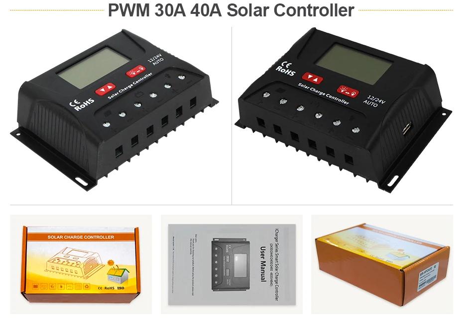 За максимальной точкой мощности, Солнечный контроллер заряда 30A 40A PWM блок управления установкой на солнечной батарее USB 5V Напряжение регулятор с ЖК-дисплеем Дисплей 12V 24V солнечный регулятор