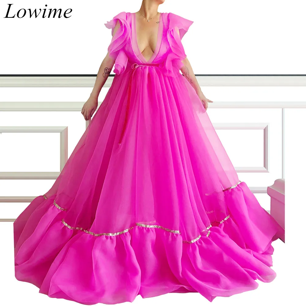 

2019 Plus Size Fuchsia Long Prom Dresses Deep V-Neck Sleeveless Sexy Tulle Beach Evening Prom Party Gowns Simple Design Custom