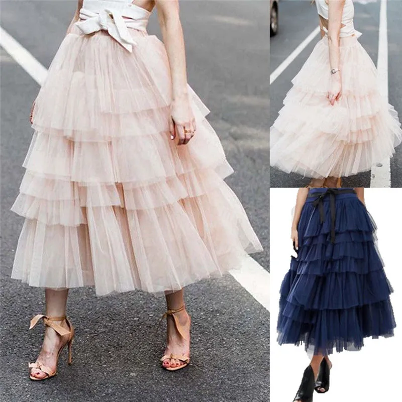 

Fashion Summer Women Boho Tulle Lace Tiered Ruffle Flower High Waist Beach Long Skirt Layered