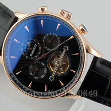 Corgeut 44 мм PVD золотой корпус черный циферблат Автоматическая Мужские часы E1581