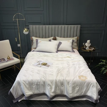 

Bamboo Fiber Ultra Soft Quilted Summer Comforter Quilt Multi Color Stripe Dyed Blanket Throw Queen size Bed Cover set