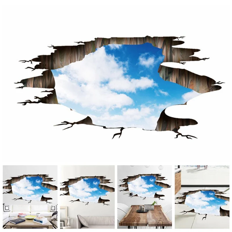 Through Wall Blue Sky White Clouds Wall Stickers Removable Landscape Wall Decals Ceiling Kids