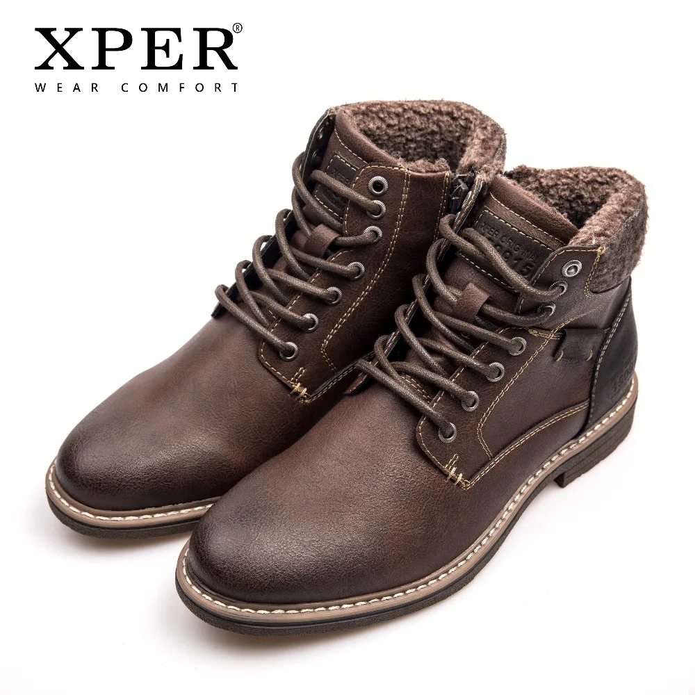 XPER Brand Waterproof Motorcycle Boots Men Lace-Up Winter Shoes Warm Plush Comfort Footwear Leather Mens Boots Casual #XHY12604