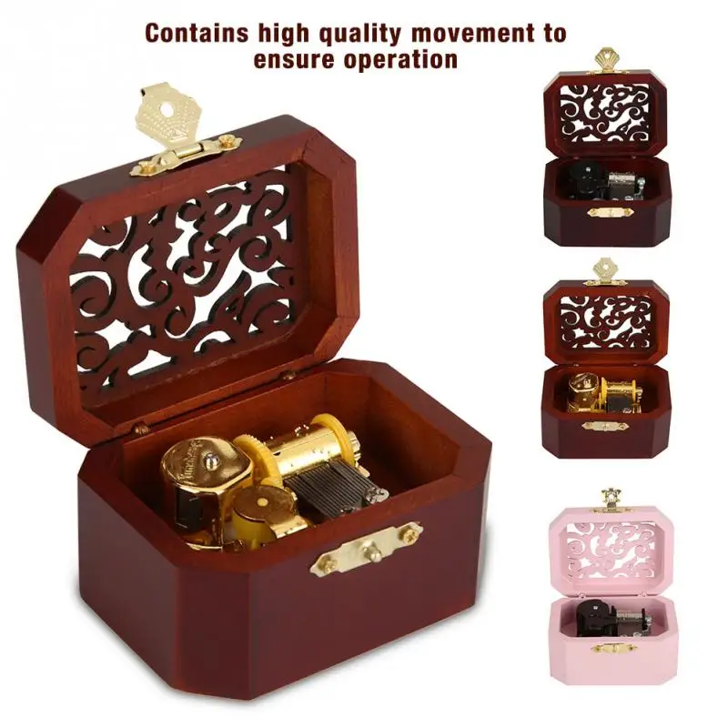 Wooden Carved Simple Retro Style Mini Music Box Clockwork Hollow Music