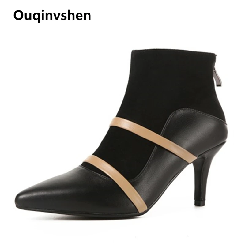 

Ouqinvshen Booties 2018 Woman Pointed Toe Zipper Winter Autumn Party High Heels Boots Mixed Colors Fashion Women Ankle Boots