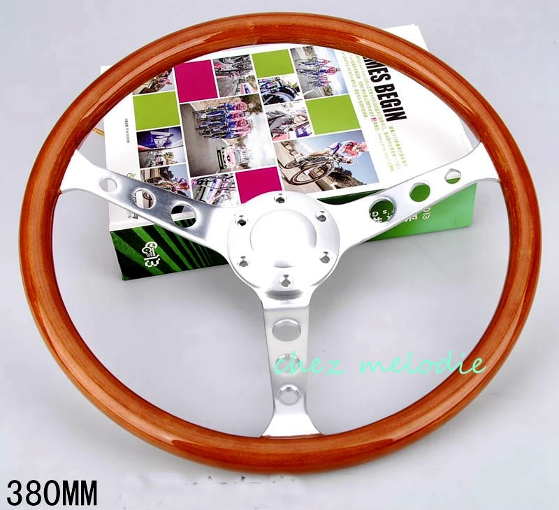 Brushed aluminium alloy spoke 38cm universal vintage classic wood bus car steering wheel with horn button