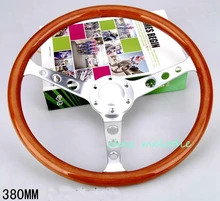Brushed aluminium alloy spoke 38cm universal vintage classic wood bus car steering wheel with horn button