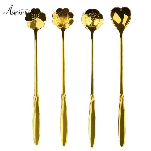 Special Offers Asipartan 1pc  Long Handle Spoon Stainless Stee Gold-plated Flower Spoon Stirring Spoon Cake Tea Coffee Dessert Home Tableware