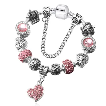 

JUNESNOW Charm Bracelets For Women Heart Dangle Pink Crystal Beads Silver Plated Snake Chain Fine Bracelets Jewellry