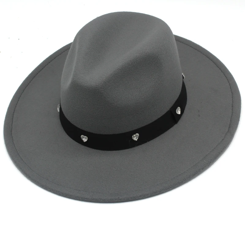 

Fashion Vintage Chapeu Fedoras with Heart-shaped Drill Wide Brim Wool Felt Bowler Women Lady Trendy Jazz Flat Top Hat GH-531