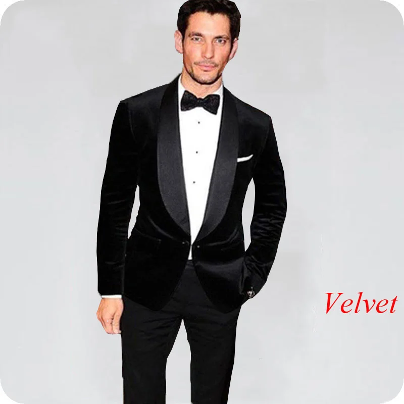 

Latest Designs Black Smoking Jacket Velvet Men Suits Wedding Suit Groom Tuxedos 2Piece Man Blazer Evening Party Costume Homme