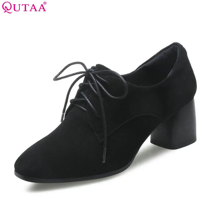 QUTAA 2018 Women Pumps Cow Suede Square Toe Square High Heel Spring Autumn Fashion Lace Up Black Ladies Pumps Szie 34-42