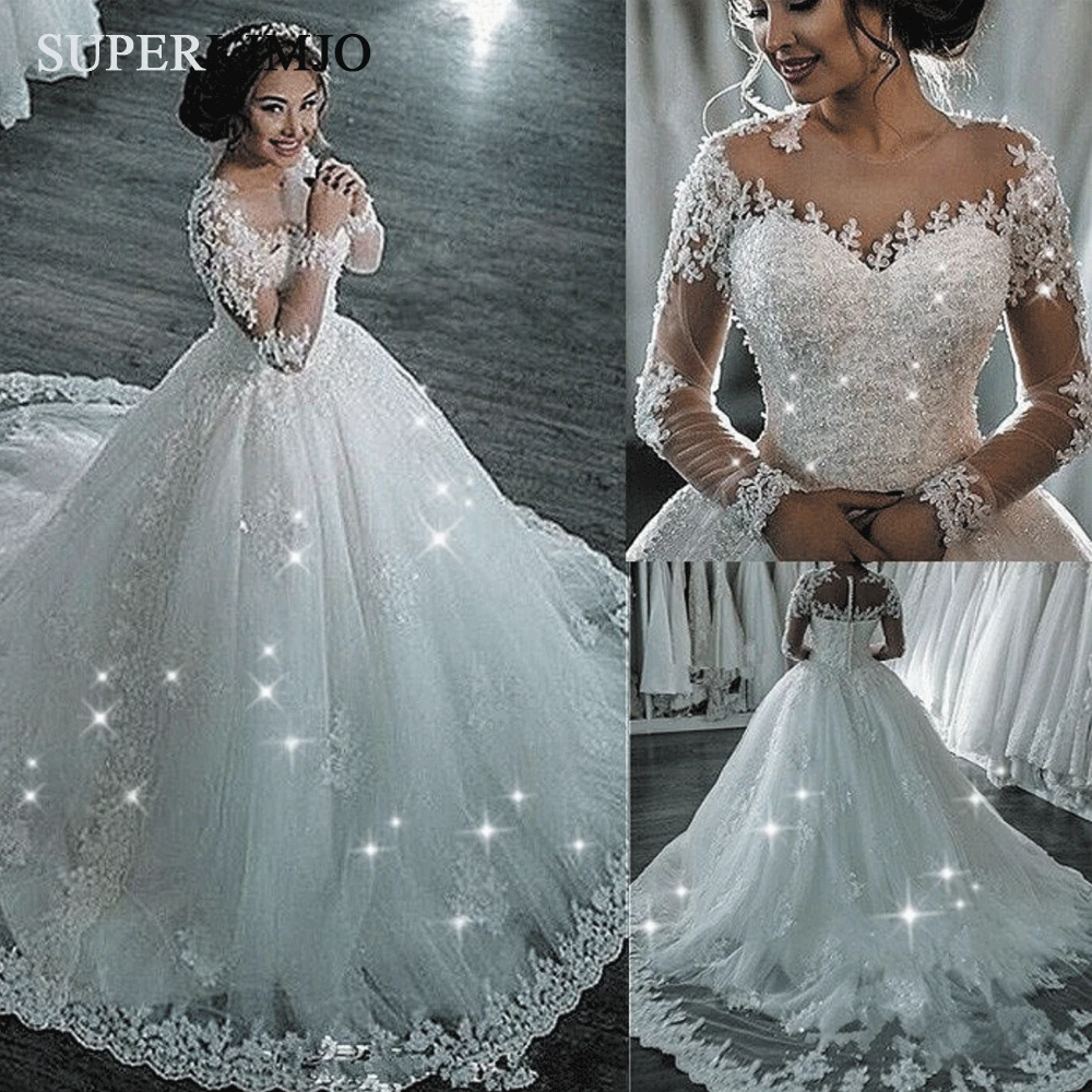 

SuperKimJo Long Sleeve Ball Gown Wedding Dress 2019 Vestido De Novia Lace Applique Elegant Beaded Wedding Gowns