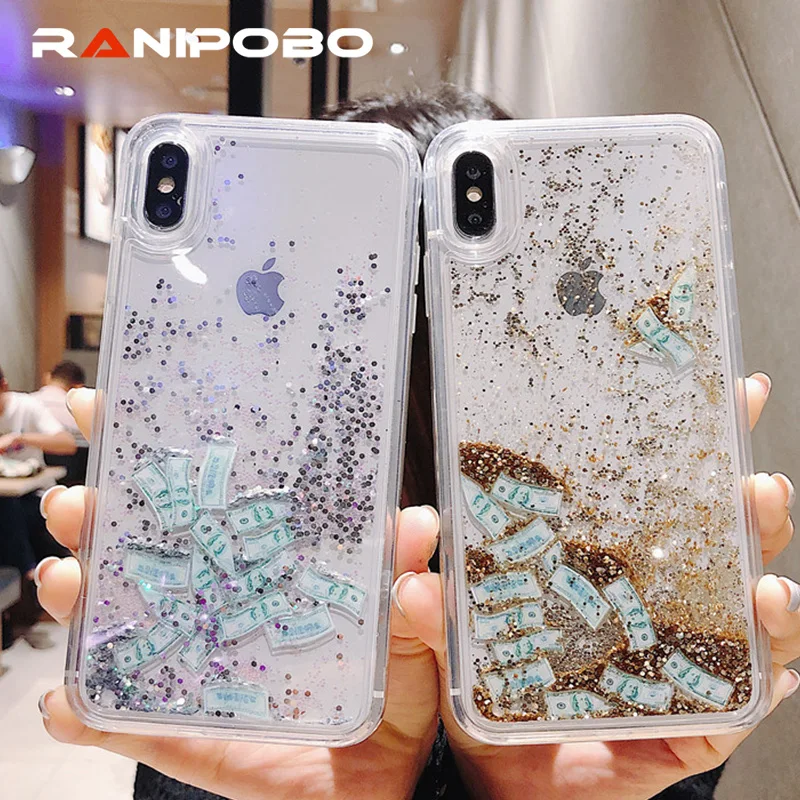 

Bling Glitter Dollar Dynamic Liquid Quicksand Phone Case For iPhone 6 6S 7 8 X XR XS Max Transparet Shining Back Cover Cases