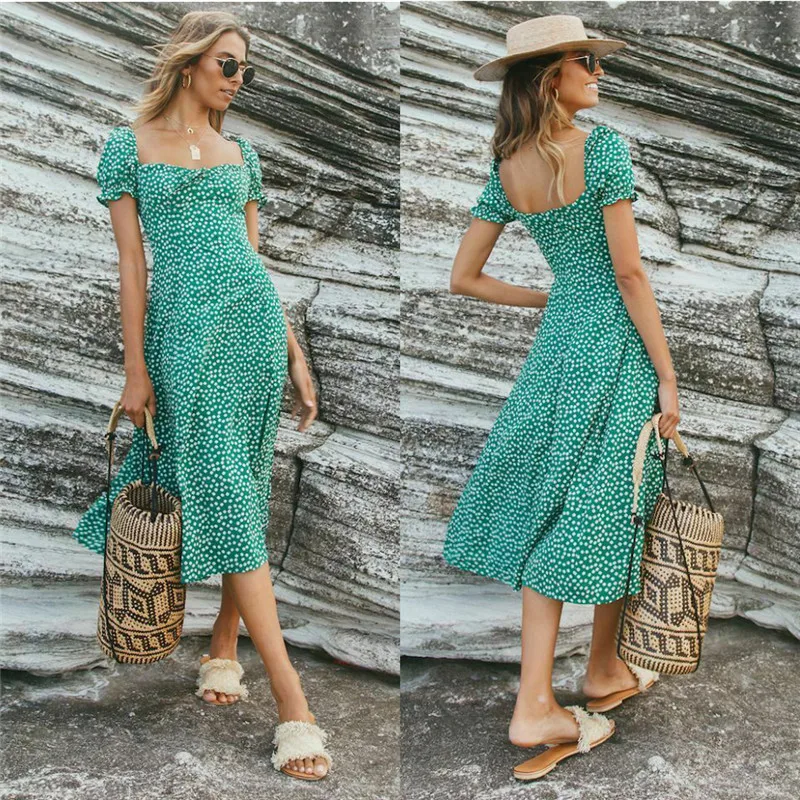 

Women Summer Bohemian Dress Polka Dots Midi Maxi Dress Evening Gown Party Beach Dresses Sundress Green White