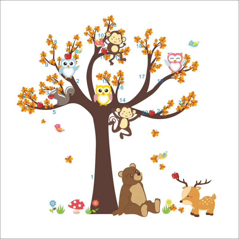 Cartoon Forest Tree Owl Monkey Bear Deer Wall Stickers