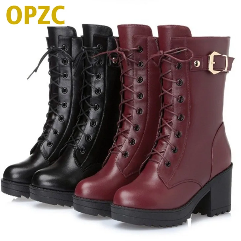 2018 High-heeled genuine leather women winter boots thick wool warm women Martin boots Self-luminous night female snow boots Women's Shoes