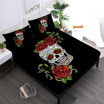 

4pcs Sheets Set Sugar Skull Sheet Rose Floral Print Fitted Sheet Colorful Bed Linens Soft Bedclothes Day of the Dead Pillowcase