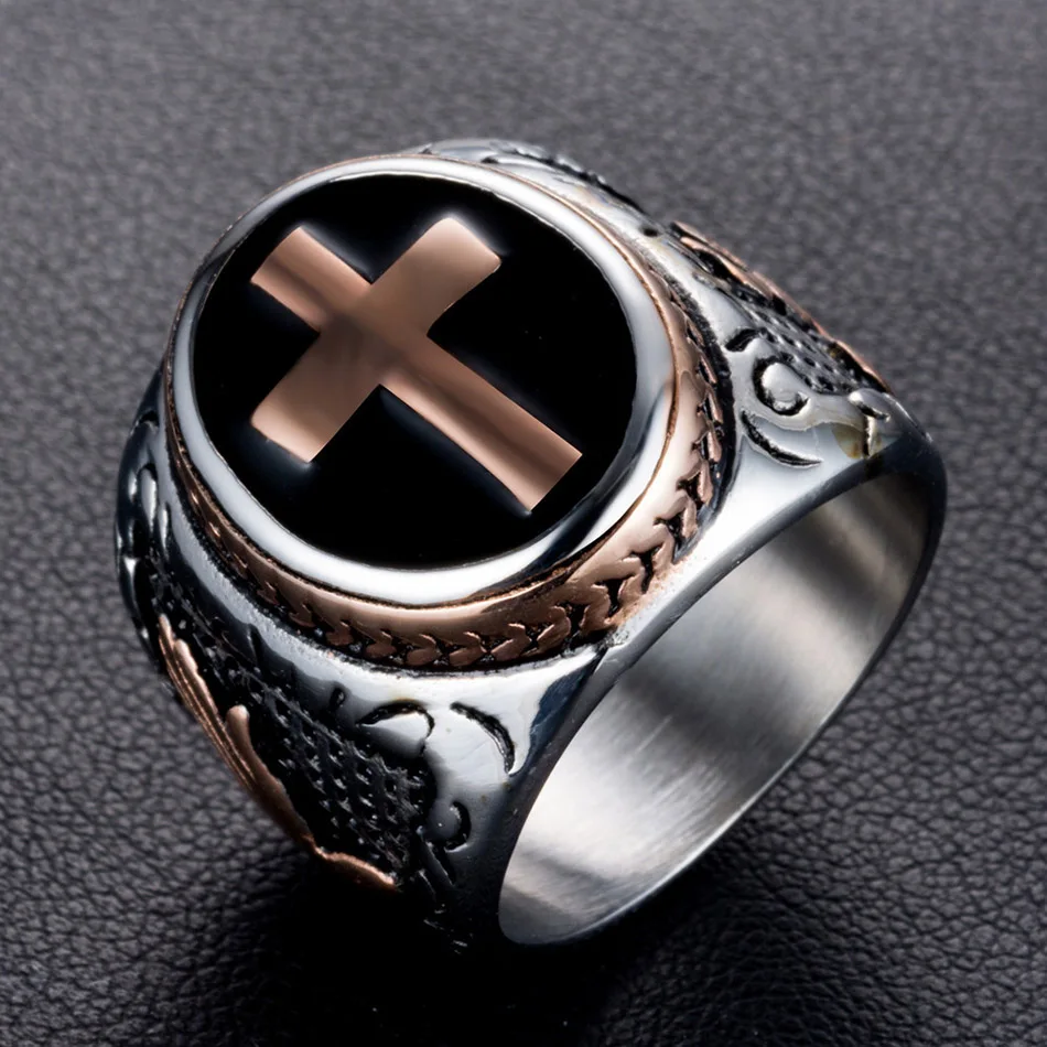 Liumo Vintage Rose Gold Cross 316L Stainless Steel Men Ring Male Ring Lr207