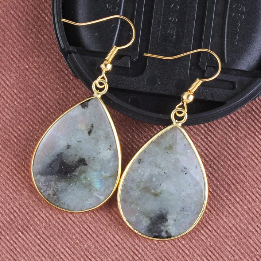

Trendy-beads Light Yellow Gold Color Water Drop Labradorite Stone Dangle Earrings Statement Jewelry
