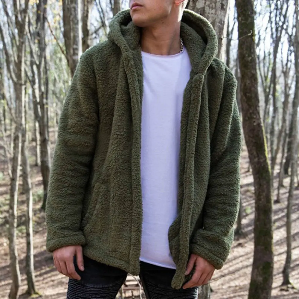 Мужская теплая зимняя плюшевый медведь карман с капюшоном пушистое пальто флисовые меховые куртки для улицы толстовки - Цвет: Зеленый